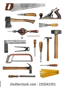 Old Carpenter Hand Tools Set Collection Isolated On White