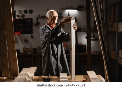 Old carpenter sanding and polishing light wooden board in his carpentry workshop. The elderly craftsman carefully works on the wood, creating smooth and polished surfaces for his furniture pieces - Powered by Shutterstock