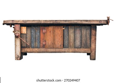 Old Carpenter Wooden Work Bench Isolated On A White Background