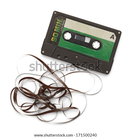 Old Cassette with Tape Unwound Isolated on White Background.