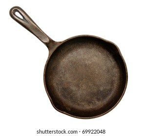 Old Cast Iron Frying Pan, Isolated On White