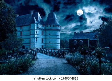 Old Castle At Night, Spooky Mansion In Full Moon. Creepy View Of Mystic Castle And Road. Scary Mystery Scene For Gothic Halloween Theme. Concept Of Dark House, Nightmare, Haunted Place And Horror.