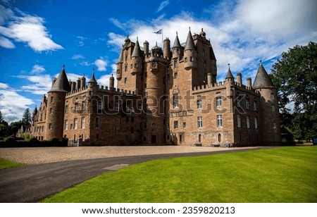 An old castle palace with towers. Castle palace facade. Fairy castle palace. Castle palace view