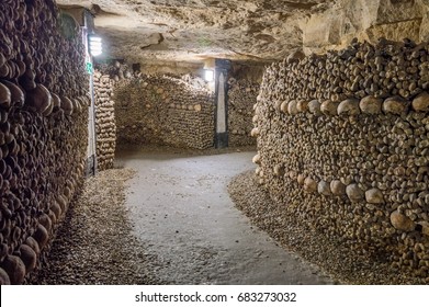 Old catacombs. Tunnels, walls made of bones and skulls