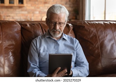 Old Caucasian Man In Glasses Sit On Couch At Home Look At Tablet Screen Use Modern Device At Home. Middle-aged 60s Male Relax Rest On Sofa In Living Room Talk Speak On Video Webcam Call On Pad Gadget.