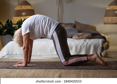 Old caucasian woman on mat doing cat stretch posture for spine.