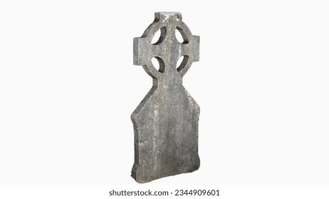 Old Celtic Cross Tombsote Headstone 3D Illustration 3D Render Image from side with lichen ancient religious stone on isolated white background medieval fanthasy