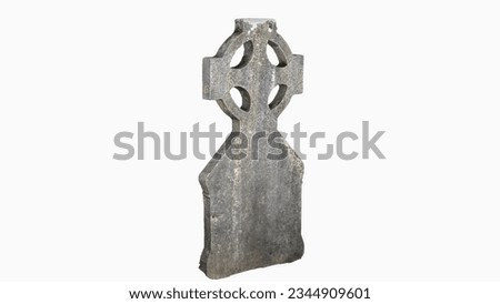 Old Celtic Cross Tombsote Headstone 3D Illustration 3D Render Image from side with lichen ancient religious stone on isolated white background medieval fanthasy