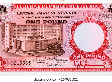 The Old Central Bank Of Nigeria Building In Lagos. Portrait From Federal Republic Of Nigeria 1 Pound 1965 Banknotes. 