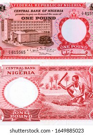 The Old Central Bank Of Nigeria Building In Lagos. Portrait From Federal Republic Of Nigeria 1 Pound 1965 Banknotes. 