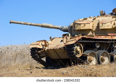 Old Centurion Tank Of The Yom Kippur War Close To The Syrian Border On The Golan Heights In Israel