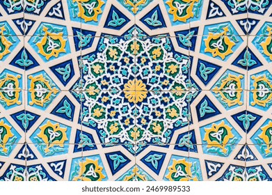 old ceramic tiles with traditional oriental Arabic Uzbek pattern decorated Asian ornaments in Uzbekistan - Powered by Shutterstock