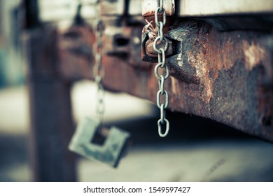 old chain and lock of rustic container closeop