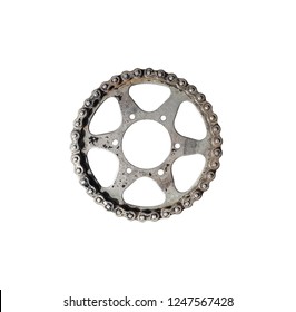 Old Chain Of Motor Engine. Close Up Of A Dirty Motorcycle Chain With A Motor Oil On A Wheel And Metal Parts,Circle Isolated On White Background