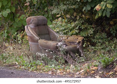 Old Chair Thrown By The Road In The Forest, Illegal Dump, Garbage In The Nature,
