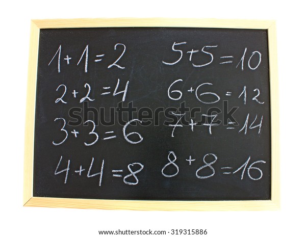Old chalkboard with easy math isolated on\
white background