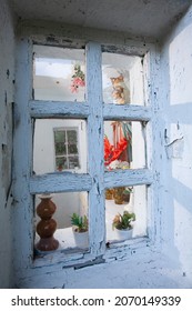 Old Chapel Window, View Through The Window, Statue Of Virgin Mary With Jesus