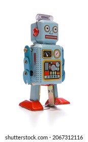 Old Cheap Toy Robot Isolated On White Background