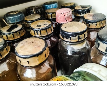 Old Chemical Bottles With Various Reagents