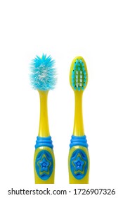 Old Child Toothbrush And New Toothbrush On Blue Background