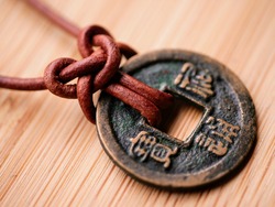 Old China Coin Knotted Leather Necklace Macro