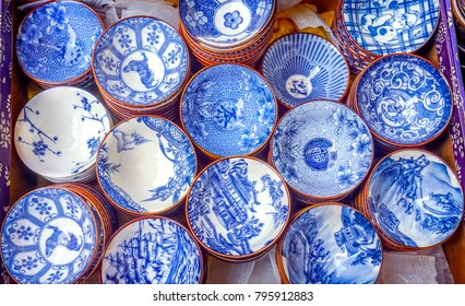 Old Chinese Design Blue White Ceramic Plates  Panjuan Flea Market  Beijing China. Panjuan Flea Curio Market Has Many Fakes, Replicas And Copies Of Older Chinese Products, Many Ancient.