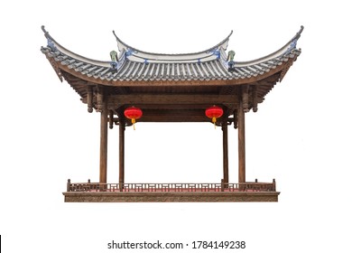 Old Chinese traditional pavilion or stage with red lantern hanging isolated on white background