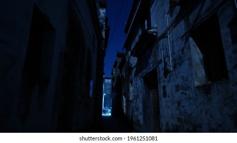 The Old Chinese Village Night View With The Narrow Lane And The Stars Full Of The Sky