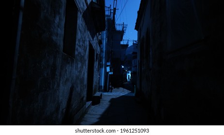 The Old Chinese Village Night View With The Narrow Lane And The Stars Full Of The Sky