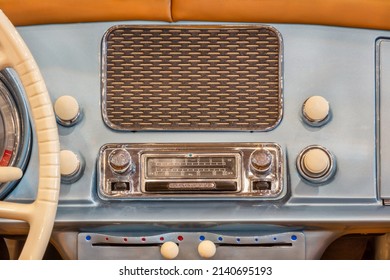 Old Chrome Car Radio With Speaker Inside A Classic American Car