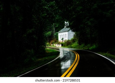 Old Church Along A Country Road In A Summer Rain Shower In Webster County, West Virginia, USA 