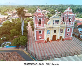 Old Church In  Leon City In Nicaragua Aerial View. Street In Leon