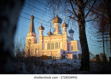 Old Church On Warm Winter Landscape Of Sunset Blue Sky