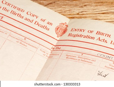 Old, Circa 1948, Blank British Birth Certificate Showing The Main Headings.