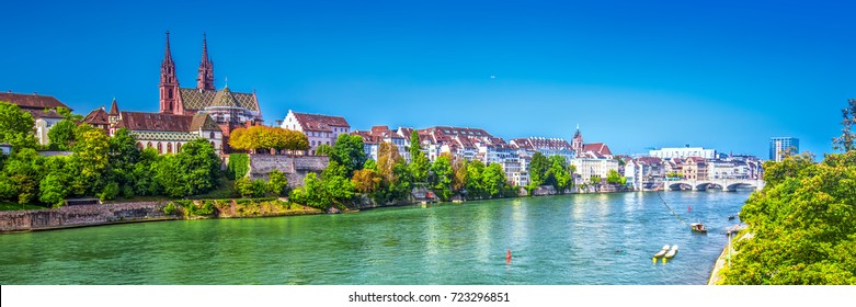 Old city center of Basel with Munster cathedral and the Rhine river, Switzerland, Europe. Basel is a city in northwestern Switzerland on the river Rhine and third-most-populous city. 