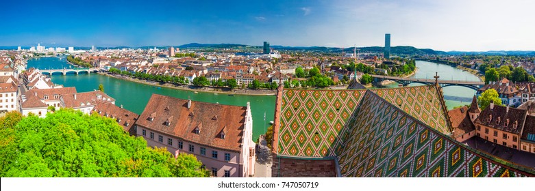 Old city center of Basel with Munster cathedral and the Rhine river, Switzerland, Europe. Basel is a city in northwestern Switzerland on the river Rhine and third-most-populous city.