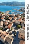 Old City and marina of Porto-Vecchio, Corsica, France. Place de la république