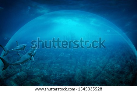 Old city under the sea surrounded with glass barrier. Atlantis theme concept.
