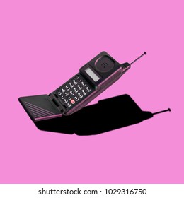 Old classic analog mobile phone nostalgia in punchy color, with aerial and microphone flip, for creative design cover, CD, poster, book, printing, gift card, flyer, magazine web & print