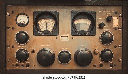 The Old Classic Rack Box Of Military Communication Radio Bandswitching Station. Military Communications Receiver Or Radio Communication Control Panel Grunge Style.