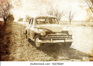 Old classic russian car near road. Photo in old image style. - Powered by Shutterstock