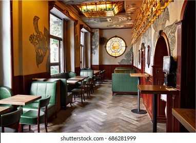 Old Classic Vintage Bar Pub Interior.With Furniture Green Leather