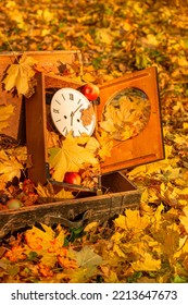 Old Clock Face In Brocken Wooden Box With Autumn Leaves And Apples. Concept For Time Changing, Time Lost, Season Ending,