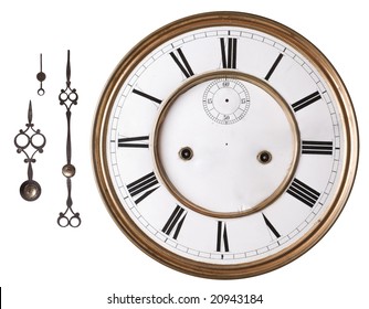 Old Clock Face And Hands Isolated On White.