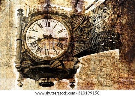 The old clock on the background of rust (double exposure)