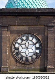 Old Clock Tower Face Aerial Photograph Of Face With No Hands No Time Left To Tell On Star Shaped Clock Tower Time Made Of Glass And Lead. Green Aqua Roof.