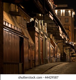 Old closed shops at night