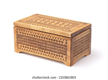  Old Closed Wooden Carved Casket Isolated On White