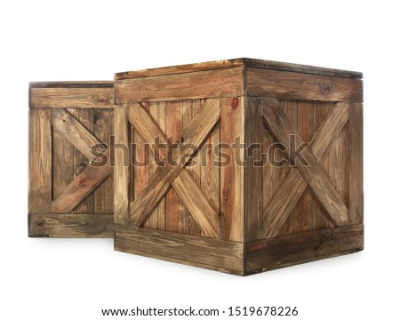 Old closed wooden crates isolated on white