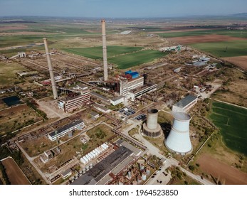 Old Coal Power Plant Chimney Old Color Graded Aerial View